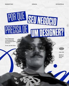 a man with curly hair and glasses on a poster