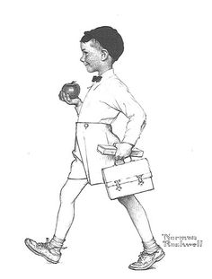 a black and white drawing of a man walking with an apple in his hand while holding a briefcase