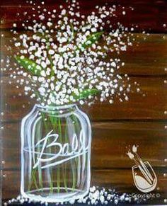 a painting of a mason jar with baby's breath in it