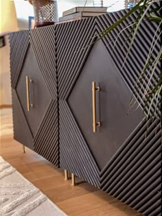 a black cabinet sitting on top of a wooden floor next to a potted plant