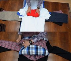 three images show how to fold shirts on the floor and tie them down with one hand