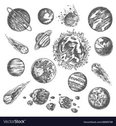 the solar system sketched in black and white, with an image of eight planets