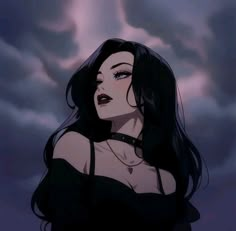 a woman with long black hair standing in front of a cloudy sky and looking off to the side