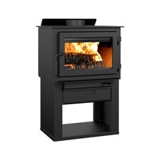 a black stove that is on top of a stand