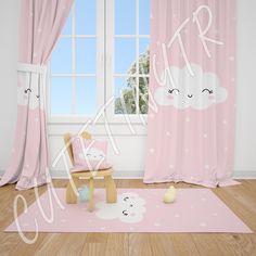 a child's room with pink curtains and clouds