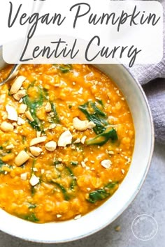 vegan pumpkin lentil curry in a white bowl