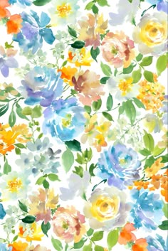 watercolor flowers on a white background with green leaves and yellow, blue, pink, orange