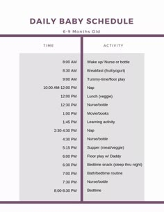 the daily baby schedule is shown in purple and white, with dates for each month