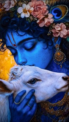 a painting of a woman with blue paint on her face kissing a white cow