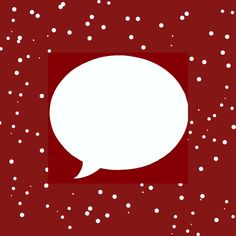 a white speech bubble sitting on top of a red background with snow falling around it