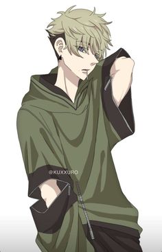 an anime character with blonde hair wearing a green cape and black pants, standing in front of