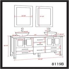 a drawing of a bathroom vanity with two sinks and an oval mirror above the sink