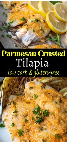 this is an image of parmesan crusted tilapa low carb and gluen - free