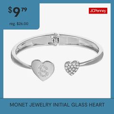 Features: Initials, In A Gift BoxCircumference: 8 InchShape: HeartMetal Color: Silver ToneCare: Wipe CleanStone Type: 30 GlassBracelet Type: Cuff BraceletsMetal: ZincCountry of Origin: Imported Personalized Cuff Bracelets, Cuff Bracelet Silver, Monet Jewelry, Glass Heart, Silver Cuff Bracelet, Bracelet Silver, Silver And Gold, Cuff Bracelet, Cuff Bracelets