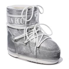 The Innovative And Iconic Shoe Brand Reboots Their Signature Low Cold Weather Boots. This Exclusive Style Features A New, Sparkling Silver Upper With The Retro-Futuristic Silhouette Moon Boot Is Known For. Features: Brand New In Original Packaging, Never Worn This Is A Limited-Edition Item Fits True To Size (5.5-7.5 Womens) Eu 36-38 Padded Upper And Collar For Optimal Comfort Functional Laces At Topline And Ankle For A Flexible Fit Round Toe Logo At Ankle And Heel 70% Ethane/30% Pvc Upper, Polye Moon Boots Outfit, Futuristic Shoes, Glitter Boots, Moon Boot, Weather Boots, Cold Weather Boots, Exclusive Shoes, Grey Boots, Cute Boots