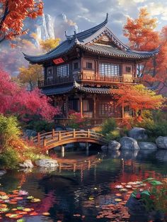 a painting of a japanese house in the fall with water lilies and lily pads