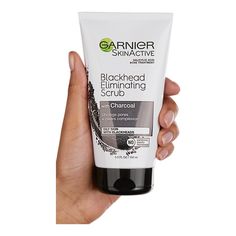 Garnier' Clean + Blackhead Eliminating Scrub Gel exfoliator deeply cleanses, tightens pores and smoothes skin. nfused with Charcoal to draw out blackheads Garnier SkinActive Charcoal Blackhead Acne Treatment Scrub, 5 fl oz; Acne treatment scrub with Charcoal and Salicylic Acid unclogs pores and clears complexion after one week In one use, formula draws out impurities, tightens pores and smoothes skin Blackhead Scrub is formulated for all skin types, especially oily skin Leaves skin with a matte Blackhead Scrub, Garnier Skinactive, Clean Blackheads, Salicylic Acid Acne, Garnier Skin Active, Clear Complexion, Tighten Pores, Unclog Pores, Beauty Ideas