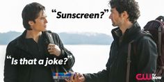 two young men standing next to each other with the caption sunscreen? is that a joke?