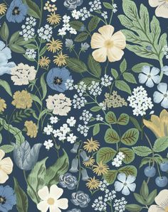 a blue floral wallpaper with white, yellow and green flowers on the left side