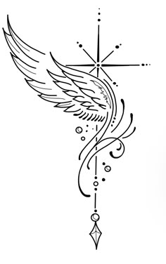 a black and white drawing of a star with an angel wing on it's side