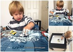 a collage of photos shows a young boy playing with his toy trucks and cars