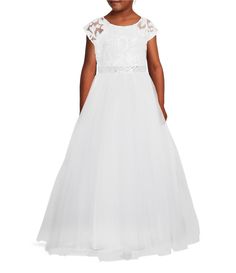 From Poppies and Roses&#x2C; this dress features:Mixed fabricationLace fabrication bodiceRound necklineCap sleeveCenter back zipper closureButton wrap around waistJeweled waistlineTule full skirtApprox. 44" lengthPolyesterHand wash/line dryImported. First Holy Communion, Dress 16, Holy Communion, Dillard's, Tulle Dress, Full Skirt, Special Occasion Dresses, Cap Sleeve, Wrap Around