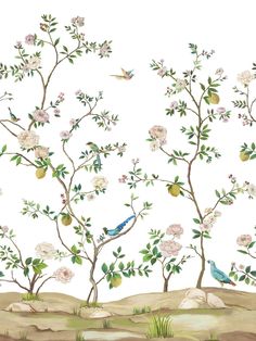 a painting of birds sitting on top of trees in the middle of flowers and grass