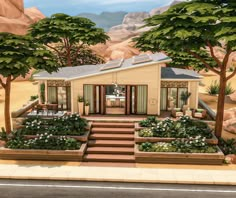 an artist's rendering of a small house in the middle of trees and bushes