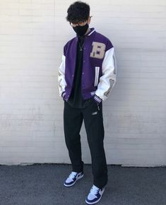 Purple Outfits Men Street, Varsity Jacket Mens Street Style, Purple Varsity Jacket Outfit Mens, Purple Black Outfit Men, Varsity Jacket Outfits Men, Black And Purple Streetwear Outfit Men, Purple And Black Outfits Men, Varsity Outfit Men, Purple Varsity Jacket Outfit