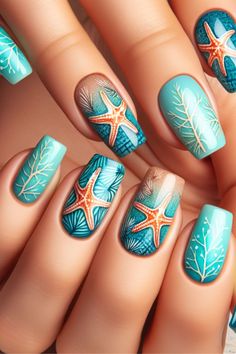 Get your vacation nails on with these summer nail ideas. Starfish nail ideas and watermelon nail art and even ombre nail designs. Summer nails, almond nails, orange nails, blue nails, ocean, sea, ocean themed, silver jewelry, gold jewelry, jewelry, rings, gold rings, silver rings, white nails, fish, star nails, starfish, nail inspo, nail art, nail design, beach nails, beach, pool, water, iridescent nails, pearls,sparkly nails, ocean design, nail ideas Ombre Nail Designs Summer, Starfish Nails Beach Themes, Blue Nails Ocean, Almond Nails Orange, Nails Watermelon, Starfish Nails, Nails Ocean, Nail Ideas Summer, Iridescent Nails