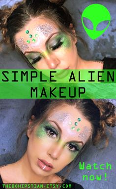 WATCH NOW! SIMPLE ALIEN MAKEUP TUTORIAL! Watch this alien costume DIY makeup how to to learn how to create an easy but GORGEOUS alien makeup look for your costume this Halloween! Link to the complete glitter kit that was used here in the video description! 

#alienmakeup #aliencostume #aliencostumepretty #halloweenalienmakeup Womens Alien Costume Makeup, Women’s Space Alien Costume, Area 51 Themed Party Outfit, Alien Diy Makeup, Unique Alien Costume, Alien Dress Up Ideas, Alien Female Costume, Alien Aesthetic Outfit Halloween, Martian Makeup Halloween