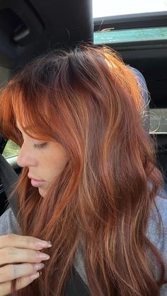 Light Orange Highlights In Brown Hair, Ginger Highlights In Brown Hair Balayage, Ginger Brunette Hair Highlights, Auburn Hair With Blonde Underneath, Brunette Hair With Ginger Highlights, Dark Hair To Copper, Copper Streaks In Brown Hair, Ginger With Brown Roots, Copper Hair With Babylights