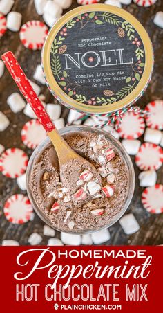 homemade peppermint hot chocolate mix in a bowl with candy canes around it