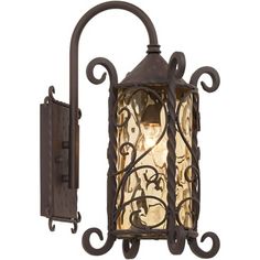 a wall light with an iron frame and glass shade