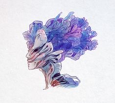 a drawing of a woman's head with blue and purple feathers on her head