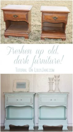 the before and after photos of an old furniture makeover, including two nightstands