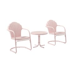 two pink plastic chairs and a small table