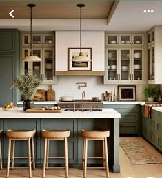 an image of a kitchen setting with green cabinets and stools on the countertop