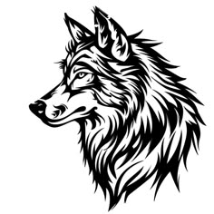 a wolf's head is shown in black and white