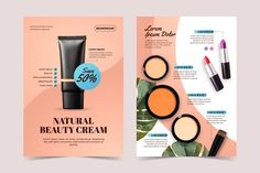 an open magazine with cosmetics and makeup products on the front, side and back pages