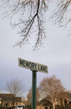 a street sign that reads memory lane in front of some houses and trees with no leaves