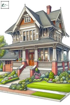 this is an artist's rendering of a victorian style house with porches and stairs