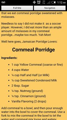 a recipe for cornmeal porridge is shown on the screen, with instructions to make it