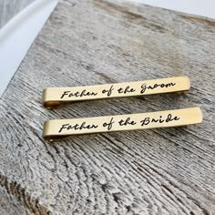 Gold Father of the Bride Tie Clip - Father of the Groom Tie Clip -  Script Tie Clips - Wedding Party Gifts - Brass Tie Bars by JLynnCreations on Etsy https://www.etsy.com/listing/710773621/gold-father-of-the-bride-tie-clip-father Father Of The Bride Tie Clip, Gifts To Groom From Bride On Wedding Day, Father Of The Bride Tie, Father Of The Groom Gift, Groom Tie, Groom Ties, Father Of The Groom, Wedding Party Gifts, Future Wedding Plans