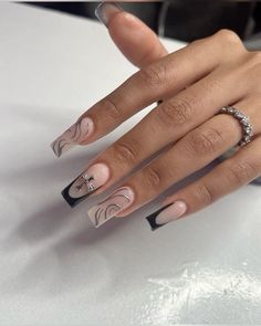 Red French Tip Nail Ideas, Black French Tip Nail, Tip Nail Ideas, French Tip Nail Ideas, Red French Tip, Christmas Spread, Concert Nails, Black French Tip, Tapered Square