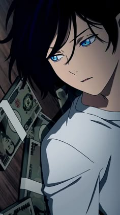 an anime character with blue eyes standing in front of money