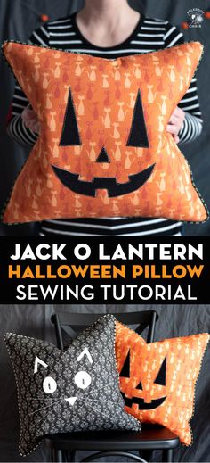 two pillows with pumpkin faces on them and the text jack o lantern pillow sewing pattern