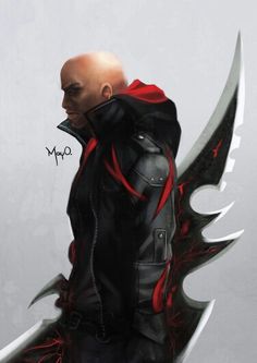 a drawing of a man with wings on his back, wearing a black jacket and red hoodie