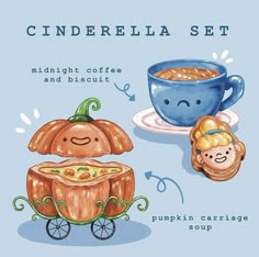 a cup of coffee and some pumpkins on a plate with the caption cinderella set midnight coffee and biscuit