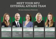 three women and one man are standing in front of a black background with the words meet your nfu external affairs team